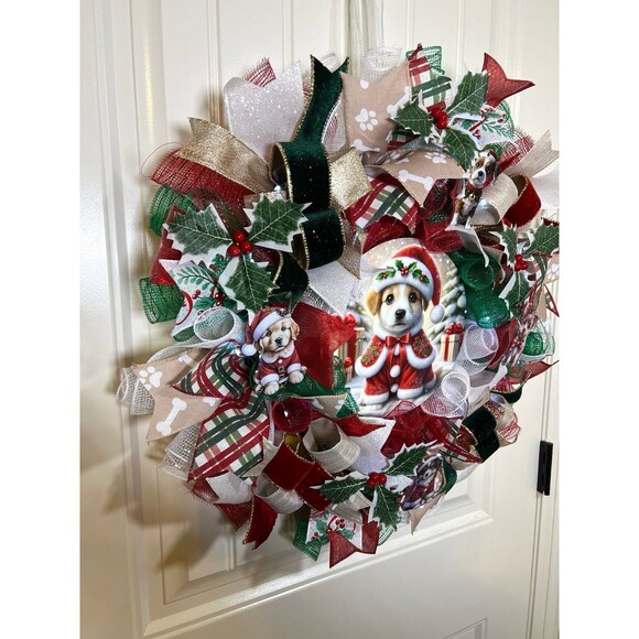 Handmade Christmas Santa Puppy Holiday Ribbon Door Wreath 22 ins W76 - Picture 3 of 12